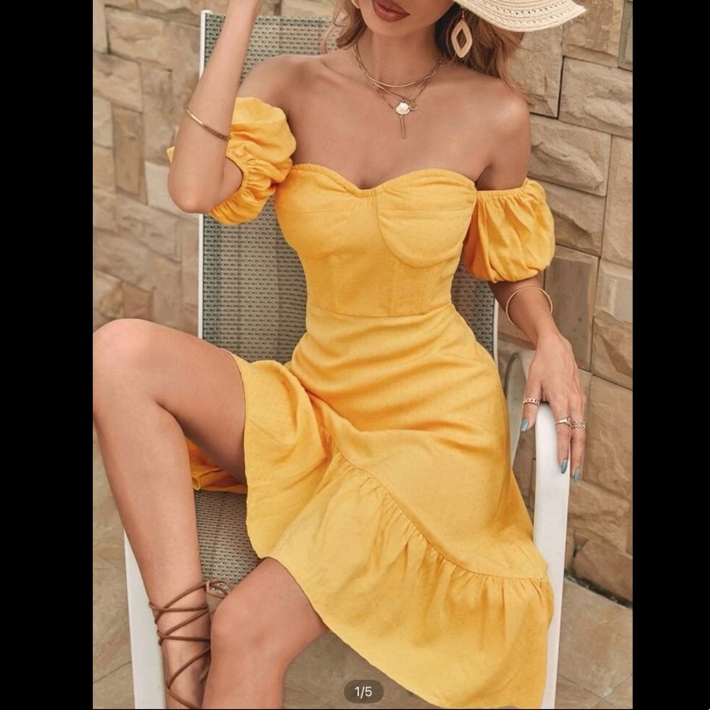 Off Shoulder Puff Sleeve Ruffle Hem Dress